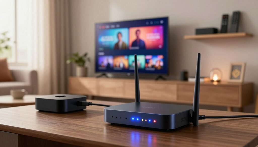 A modern, stable internet connection setup specifically for IPTV. In the foreground, a sleek router with multiple lights indicating connectivity, along with a network cable neatly coiled beside it. The middle ground features an Apple TV unit connected to a high-definition television displaying vivid streaming content. In the background, a cozy living room setting with soft lighting, hinting at a comfortable viewing atmosphere. A wall-mounted shelf is adorned with various streaming devices and remote controls, while a window allows natural light to flood in, casting a warm glow. The mood is inviting and tech-savvy, suggesting efficiency and reliability for IPTV streaming.