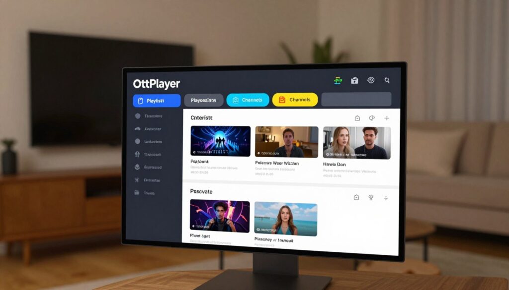 A modern, user-friendly interface showcasing the OttPlayer playlist upload feature. In the foreground, display a sleek digital screen with the OttPlayer logo prominent at the top. The interface should feature clearly labeled buttons for adding playlists and editing channels, with colorful icons to indicate action options. In the middle, focus on an interactive area displaying a sample playlist with channels and thumbnails. The background should be softly blurred, illustrating a cozy living room setting with a smart TV mounted on the wall, comfortable seating, and ambient lighting creating a warm, inviting atmosphere. Use soft, natural lighting to enhance the digital interface, capturing the essence of a practical and easy-to-navigate application.