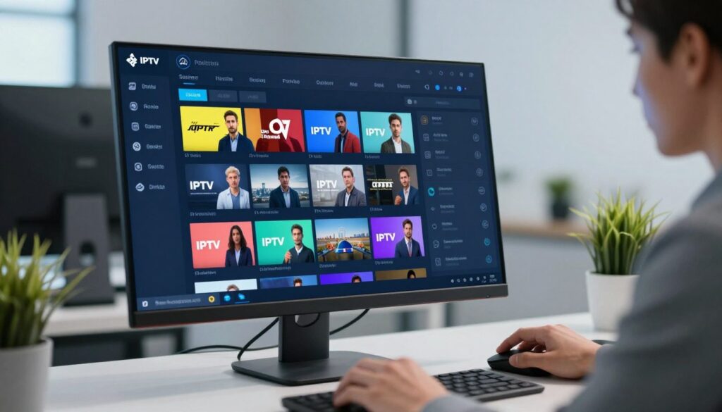 A modern user interface for an IPTV application displayed on a sleek Windows PC screen. The foreground features a close-up view of an organized digital dashboard, showcasing vibrant thumbnails of various IPTV channels and navigation icons. In the middle, a user in professional business attire interacts seamlessly with the interface, using a wireless mouse. The user is focused, with a subtle look of concentration on their face, while the soft blue lighting from the screen illuminates their features. In the background, a stylish office setting with a clean desk, a potted plant, and a minimalistic design enhances the tech-savvy atmosphere. The overall mood is professional and engaging, emphasizing ease of navigation through the interface. The image is bright and clear, ideally captured at an eye level angle, showcasing a tech-focused workspace.