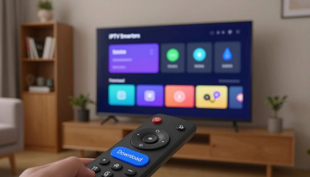 A modern, well-designed interface of a downloader app prominently featuring the IPTV Smarters logo, displayed on a smart TV screen in a cozy living room setting. The foreground showcases a close-up of a remote control with a highlighted "Download" button, while the middle ground depicts the smart TV displaying the sleek downloading progress interface, complete with vibrant icons and visual cues. In the background, soft ambient lighting illuminates the room, highlighting a stylish bookshelf and a comfortable sofa. The atmosphere is inviting and tech-savvy, emphasizing the ease of installation. Camera angle from a slight low viewpoint, creating a sense of engagement and focus on the screen. This captures the essence of sideloading applications on a streaming device.