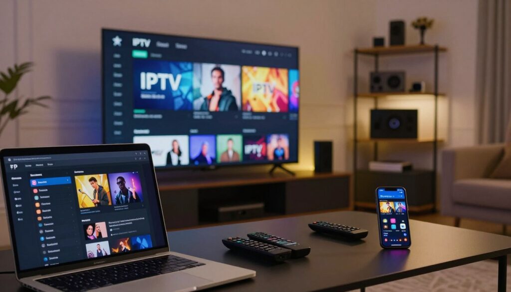A modern workspace featuring a sleek television displaying an IPTV interface on the screen, with a user-friendly layout for playlist optimization. In the foreground, there is a laptop open with a detailed IPTV guide and optimization tools visible. The middle ground includes a stylish coffee table with scattered remote controls, and a smartphone showing an IPTV app. The background features a well-organized shelf with tech gadgets and books. Soft, ambient lighting creates a warm, inviting atmosphere, while a focus on the IPTV interface invites intrigue. The composition is captured from a slight angle to showcase depth, making the scene feel dynamic and engaging.