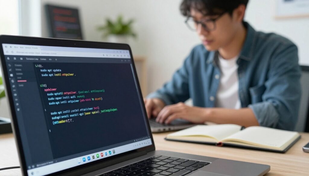 A modern workspace illustrating the installation process of OttPlayer on a Linux system. In the foreground, a close-up view of a laptop screen displaying a bash script execution in a terminal window. The script text features familiar commands like "sudo apt update" and "sudo apt install ottplayer", illuminated by the soft glow of the screen. In the middle background, a focused professional wearing casual clothing works intently beside the laptop, surrounded by tech gadgets and an open notebook, conveying a sense of productivity. The background showcases a subtle hint of coding books and a potted plant, suggesting a comfortable yet tech-savvy environment. The lighting is bright and clean, creating an atmosphere of clarity and focus, with a shallow depth of field emphasizing the laptop screen and the user’s concentration.