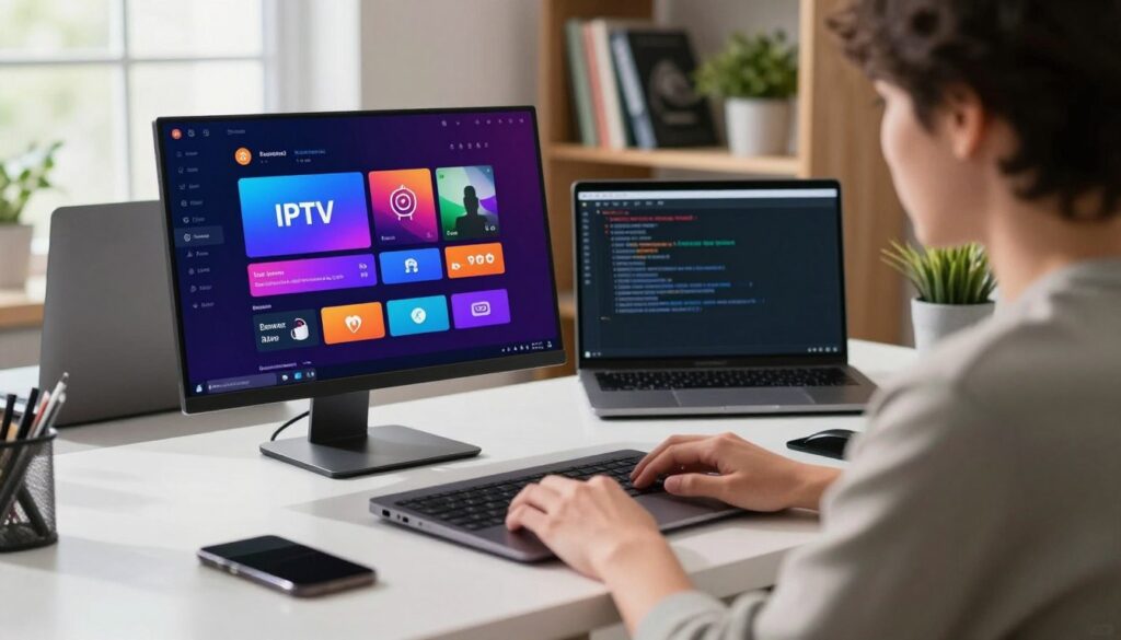 A modern workspace setup featuring a sleek laptop displaying the IPTV player interface, set against a clean desk with a Linux environment aesthetic. In the foreground, a focused individual in casual yet professional attire, engaged in the process of downloading software. The middle ground showcases a crisp screen with vibrant colors highlighting the IPTV player application, alongside open terminal windows showcasing installation commands. The background features a softly blurred bookshelf filled with tech books and a potted plant, contributing to a calm and organized atmosphere. Soft natural light streams in through a nearby window, casting gentle shadows. The overall mood is focused, informative, and inviting, ideal for tech enthusiasts learning about software installation.