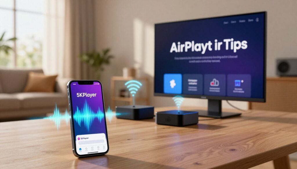 A modern workspace setup showcasing optimal AirPlay strategies. In the foreground, a sleek iPhone displaying the 5KPlayer app interface, surrounded by vibrant sound waves emanating from it. In the middle ground, a stylish Apple TV connected to a large screen, showing an educational graphic on AirPlay tips, with wireless signals illustrated through glowing lines connecting devices. The background features a soft-focus living room with a warm ambiance, bathed in natural light filtering through large windows. The scene conveys an inviting and innovative atmosphere, suitable for tech-savvy users, emphasizing connectivity and seamless entertainment. The room is organized, with minimal clutter, accentuating a professional yet comfortable feel.