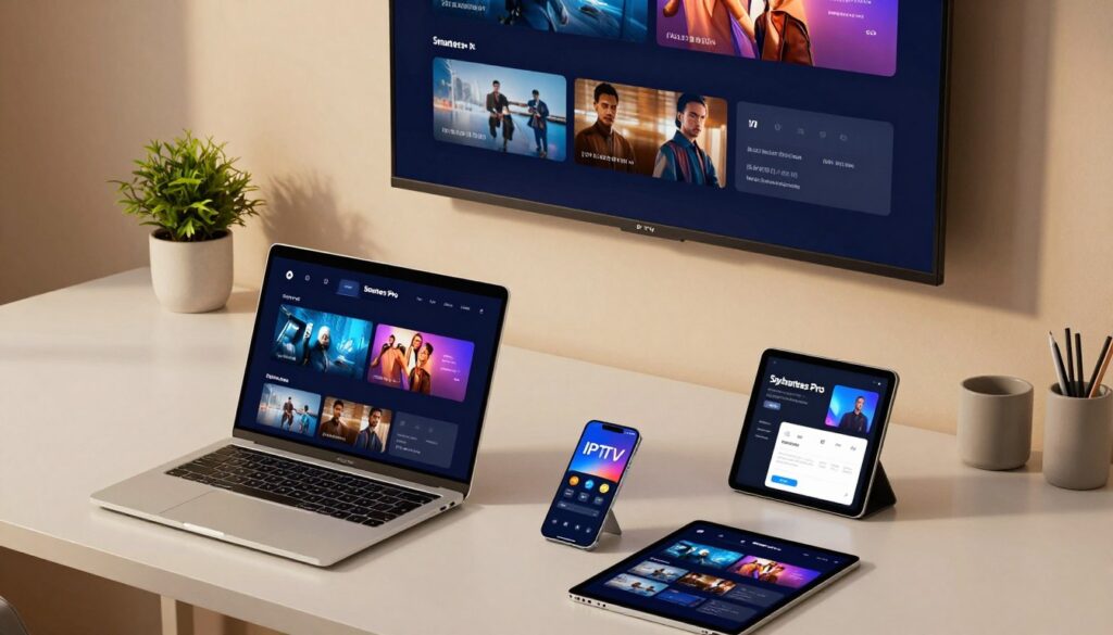 A modern workspace showcasing IPTV Smarters Pro integration across various devices. In the foreground, a sleek laptop displaying an intuitive IPTV interface alongside a smartphone and a tablet, illustrating seamless multi-device functionality. In the middle, a stylish TV mounted on the wall, streaming live content, emphasizes IPTV service capabilities. The background features a neat desk setup with minimalistic design elements, including a potted plant and stylish stationery. Soft, warm lighting bathes the scene, creating a welcoming atmosphere. The composition uses a slightly elevated angle, capturing the essence of modern technology and connectivity. The mood is professional and innovative, reflecting advanced multimedia integration.