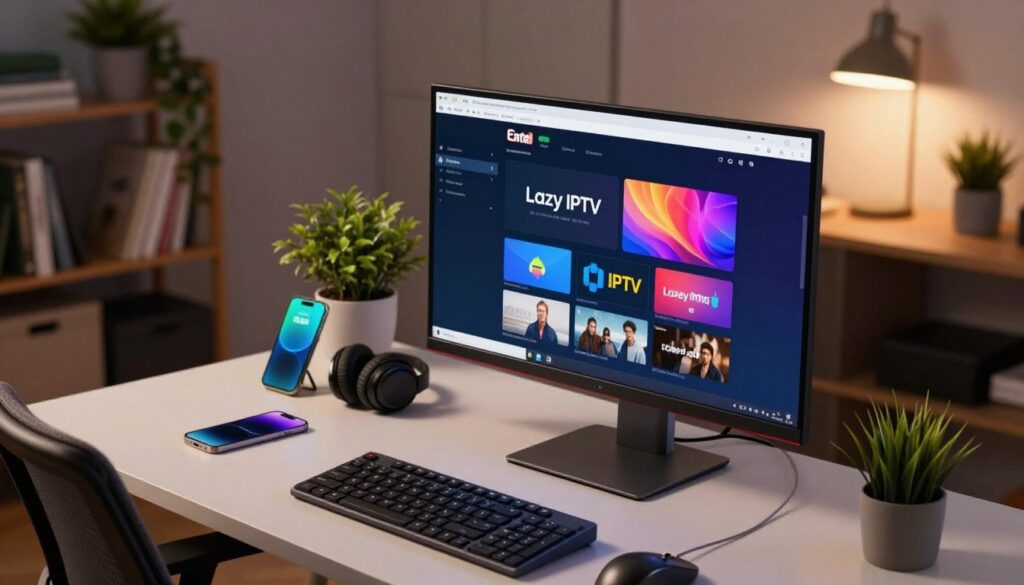 A modern workspace showcasing a sleek desktop computer displaying an Android emulator running Lazy IPTV. The foreground features a high-resolution monitor, showcasing a user-friendly interface, vibrant streams, and a responsive layout. A stylish keyboard and mouse sit nearby, with a cozy office chair positioned at the desk. In the middle ground, a neatly organized desk reveals essential tech accessories like a smartphone and headphones. The background features a softly lit, contemporary room with a shelf filled with books and decorative plants, creating an inviting atmosphere. The soft glow from a desk lamp provides warm lighting, enhancing the tech-savvy mood without harsh shadows. The angle captures the scene from a slightly elevated perspective, inviting the viewer into the workspace while maintaining a focus on the emulator on screen.