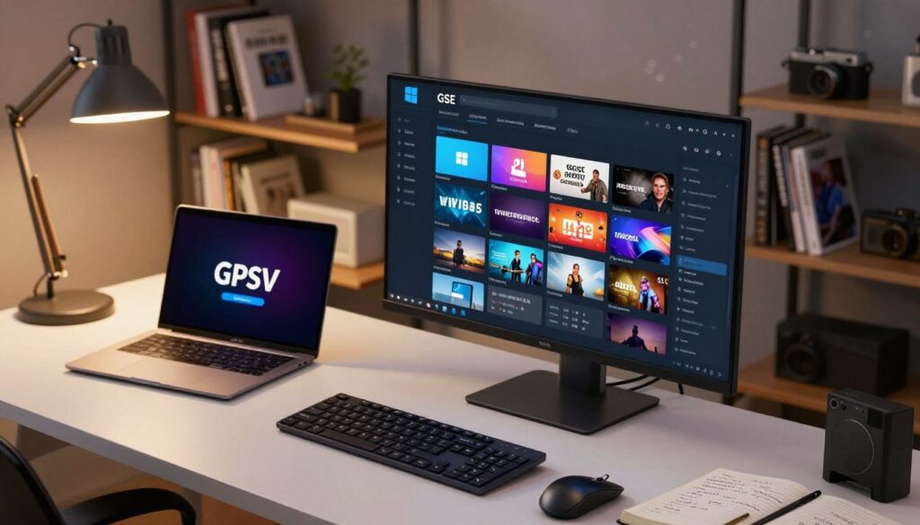 A modern workspace showcasing optimal configuration of GSE Smart IPTV on a Windows PC. In the foreground, a sleek monitor displays the GSE Smart IPTV interface, with vibrant thumbnails of channels and settings. A high-tech laptop sits next to it, illuminated by soft desk lamp lighting. The middle layer features a clutter-free desk with a keyboard, mouse, and an open notebook containing hand-written notes on IPTV configuration details. In the background, a stylish bookshelf holds tech manuals and gadgets, suggesting a professional atmosphere. The overall lighting is warm and inviting, creating an air of productivity and focus, with a slight bokeh effect to enhance the main subject. The angle is slightly elevated, capturing the essence of an organized and efficient workspace for optimizing IPTV installations.