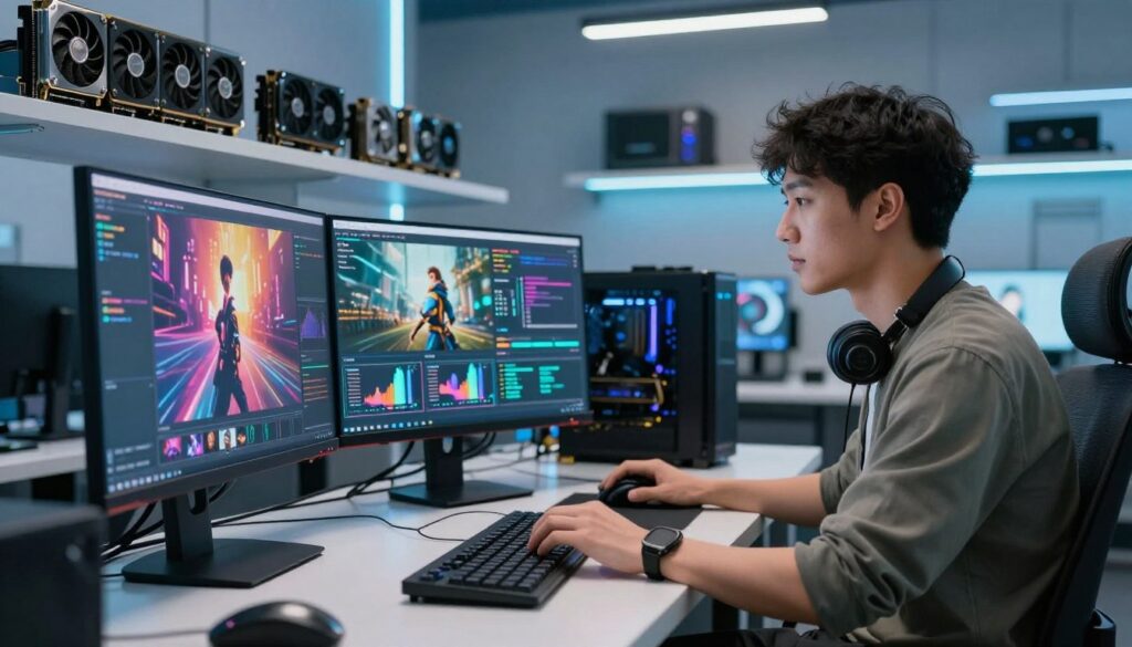 A modern workspace showcasing the concept of hardware acceleration enhancing video quality. In the foreground, a sleek computer with multiple monitors displays vibrant, high-definition video content, illustrating sharp imagery and fluid motion. The middle ground features a technician in smart casual attire, focused on optimizing graphics settings with a professional demeanor. In the background, shelves filled with advanced hardware components such as graphics cards and processors, illuminated by cool LED lighting, create a tech-savvy atmosphere. The overall mood is inspired and productive, reflecting an innovative environment aimed at boosting performance and video quality. The lighting is bright and tech-focused, creating a sharp, clean aesthetic, with angles that emphasize both the technology and the technician's expertise.