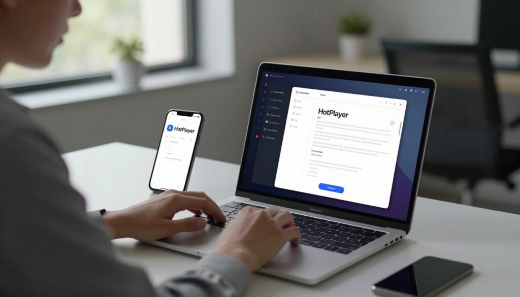 A person in professional attire is seated at a sleek desk, intently working on their laptop, showcasing the installation process for HotPlayer on iOS and desktop devices. In the foreground, a clear view of the laptop screen displays the HotPlayer interface, with visible installation steps highlighted. In the middle ground, a smartphone on the desk is also showing the HotPlayer app, emphasizing the multi-platform aspect. The background features a stylish office setting with soft, natural lighting filtering through a window, enhancing a productive yet relaxed atmosphere. The overall mood is focused and informative, perfect for illustrating a tech guide.