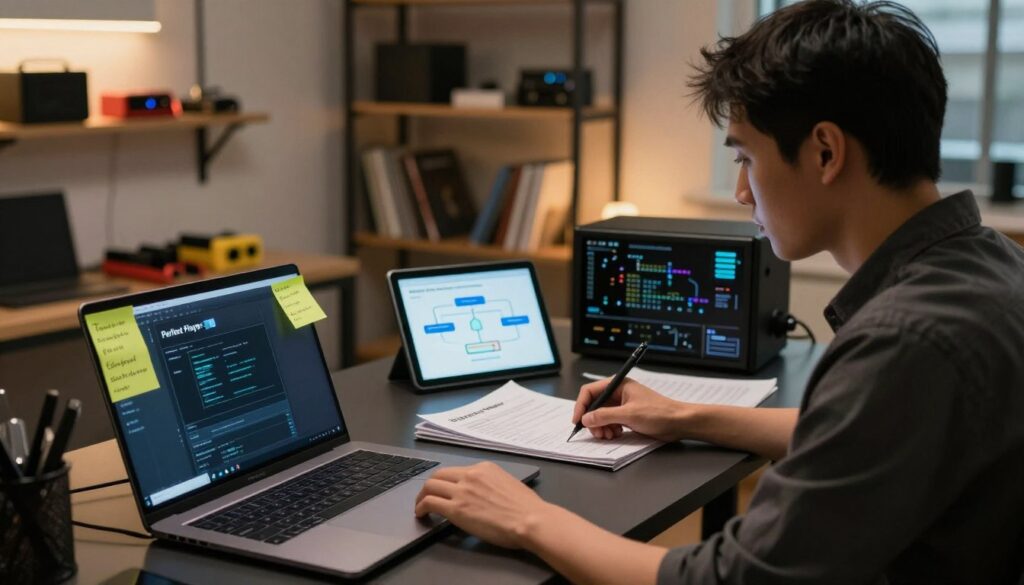 A professional IT technician sitting at a sleek desk, focused on solving technical problems related to the installation of Perfect Player on a Linux system. The foreground features a laptop with the Perfect Player interface displayed, cluttered with sticky notes containing troubleshooting tips. In the middle, a well-organized workspace includes technical manuals and a digital tablet displaying a flowchart of best practices for media player setups. The background shows a softly lit room with shelves filled with hardware tools and books on Linux programming. The lighting is warm and inviting, creating a productive atmosphere. The image is shot at eye level with a slight depth of field, emphasizing the technician in sharp focus against the blurred background.