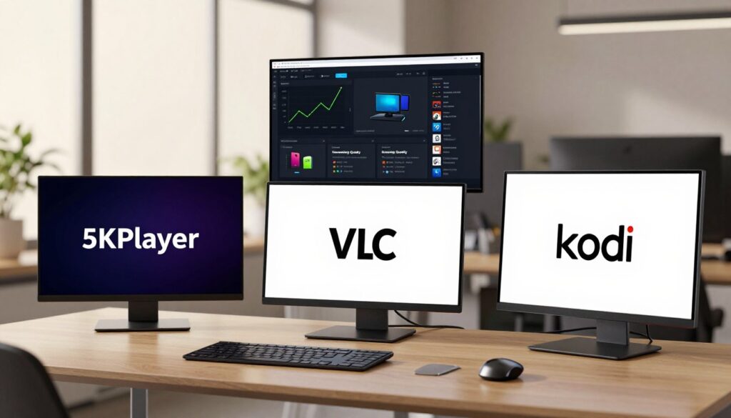 A professional comparison of various media players displayed on a sleek office desk. In the foreground, feature three distinct media players: 5KPlayer, VLC, and Kodi, each represented by their icons on the screen. In the middle ground, incorporate a laptop showing a multi-screen interface with graphs and charts comparing features like ease of use, streaming quality, and compatibility with devices. The background should subtly suggest a modern office environment, with soft, natural light filtering through large windows, creating a warm atmosphere. Use a wide-angle lens to capture the scene, giving a sense of clarity and focus on the devices while maintaining a professional and informative mood. The image should be polished and devoid of text, ready for an article section.