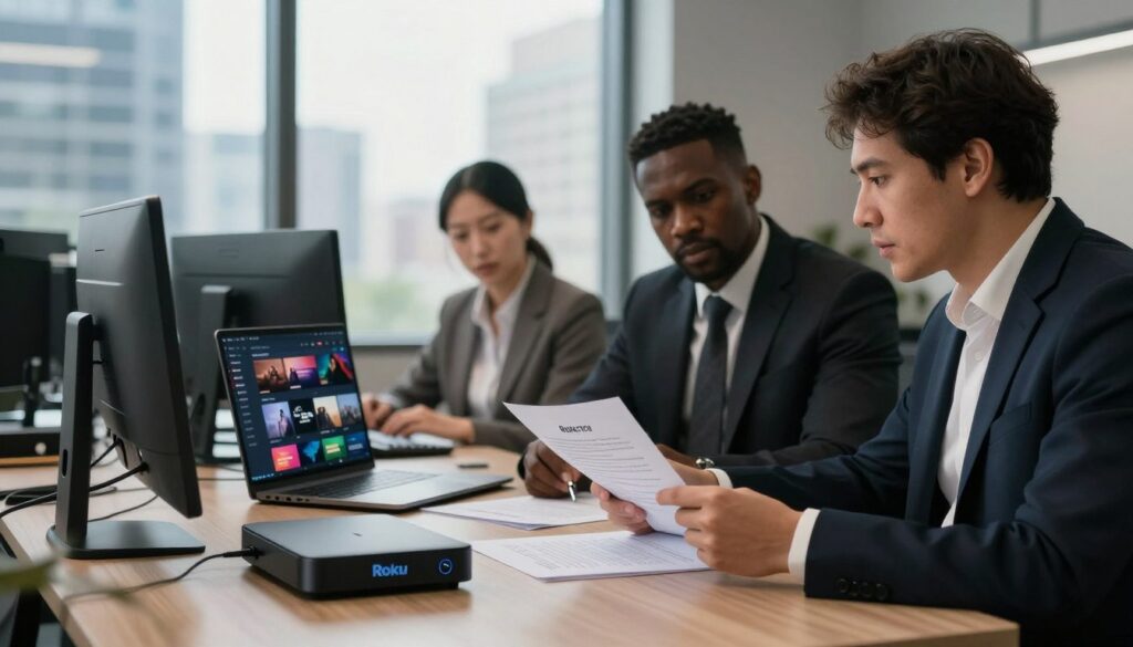 A professional office environment featuring a sleek, modern desk setup with a Roku device prominently displayed. In the foreground, a diverse group of three professionals (two men and one woman) dressed in business attire, engaged in a serious discussion, reviewing legal documents related to IPTV regulations. The middle ground includes a laptop open to a streaming interface, showcasing various channels. The background features a large window with cityscape views, casting natural light over the scene, creating a warm and thoughtful atmosphere. The lighting is soft yet focused, emphasizing the professionals' expressions of concentration and diligence. The overall mood conveys a sense of legal scrutiny and partnership in navigating IPTV considerations, reflecting both support and legal considerations in the streaming industry.