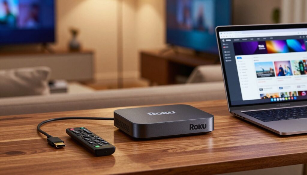 A professional setting featuring a Roku device prominently displayed on a modern wooden desk. In the foreground, various setup essentials are arranged neatly: an HDMI cable, a remote control, and a laptop open to a tutorial page. The background shows a softly lit living room with a cozy couch and a television screen, suggesting a home entertainment atmosphere. Warm, diffused lighting enhances the inviting mood, while a shallow depth of field focuses on the Roku device and the preparation materials. The composition captures a sense of organization and readiness for installation, emphasizing a step-by-step approach to setting up Smart IPTV on the Roku.