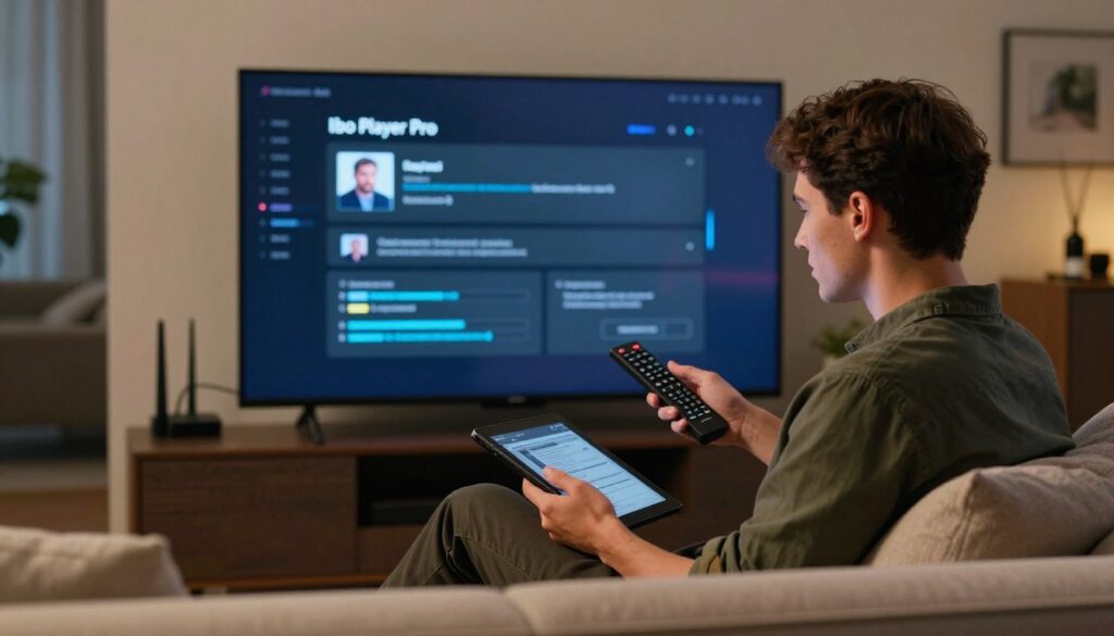A professional setting showcasing a tech-savvy individual troubleshooting an Ibo Player Pro installation on a large TV screen within a modern living room environment. In the foreground, a focused person wearing smart casual attire is seated on a comfortable couch, holding a remote control and a tablet, with a look of determination. In the middle, the TV displays a troubleshooting screen with various installation options. The background features stylish decor with soft ambient lighting and a hint of technology, like a router and cables neatly organized. The mood is one of concentration and problem-solving, emphasizing clarity, efficiency, and modern tech usage, captured with a warm color palette and well-balanced composition.