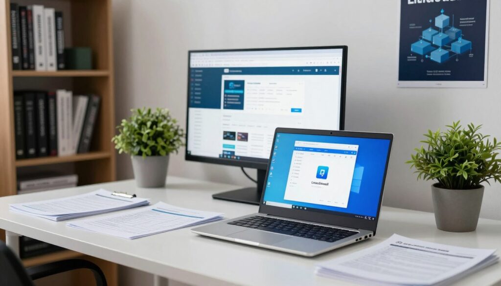 A professional workspace focused on preparing system requirements for a Linux installation. In the foreground, a neatly arranged desk featuring a sleek laptop with a Linux logo on the screen, surrounded by technical documents and a checklist highlighting system specifications. The middle ground shows a modern monitor displaying various Linux resource websites, alongside a potted plant for a touch of greenery. In the background, a well-organized bookshelf filled with programming books and a poster of Linux architecture. Soft, natural lighting illuminates the scene from a window, creating a calm and focused atmosphere, with a slight depth of field highlighting the foreground elements. The image captures an organized preparation for a software installation, emphasizing clarity and professionalism.