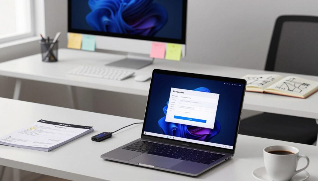 A professional workspace showcasing the installation process of IBO Player Pro on a Windows PC. In the foreground, a sleek laptop displays the IBO Player Pro interface with vibrant graphics and a progress bar indicating installation. Surrounding the laptop, tools like a USB drive, installation guide, and a cup of coffee add context. The middle layer features a well-organized desk with a modern monitor, colorful sticky notes, and a notebook with technical drawings, enhancing the technical atmosphere. The background shows a softly lit room with minimalist decor and a window letting in natural light, creating a calm and focused mood. Ideal lighting highlights the equipment with soft shadows, while a slight angle emphasizes the workspace layout.