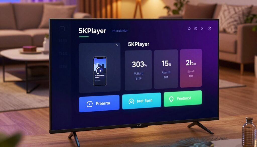 A realistic depiction of a sleek 5KPlayer installation interface displayed on a modern smart TV screen. The foreground features the TV with a clean, user-friendly interface showcasing the installation process, highlighted buttons, and step-by-step prompts. In the middle ground, add a cozy living room setting, with a stylish coffee table and comfortable seating. The background should include warm ambient lighting, with soft shadows creating an inviting atmosphere. Use a slightly elevated angle to capture the screen clearly, focusing on the vibrant colors and details of the interface. The overall mood should be informative yet relaxed, perfect for illustrating the process of installing 5KPlayer.