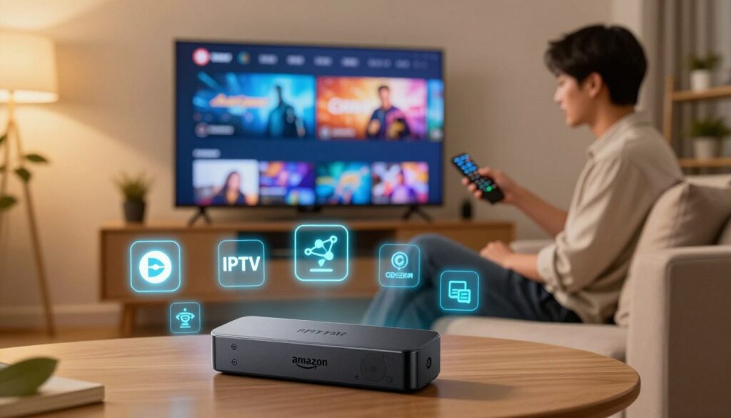 A sleek Amazon Firestick prominently displayed in the foreground, surrounded by glowing digital icons representing various IPTV services, such as streaming logos and network symbols. In the background, a modern living room setting with a large flat-screen TV showcasing vibrant IPTV content. Soft, warm lighting creates a cozy atmosphere, enhancing the idea of home entertainment. A professional-looking individual, dressed in business casual attire, is seated on a comfortable couch, focused on setting up the Firestick using a remote. The scene captures a sense of ease and excitement about optimizing the device for IPTV, with a slightly blurred depth of field to highlight the foreground elements. The overall mood is inviting and tech-savvy, emphasizing the seamless integration of technology into daily life.