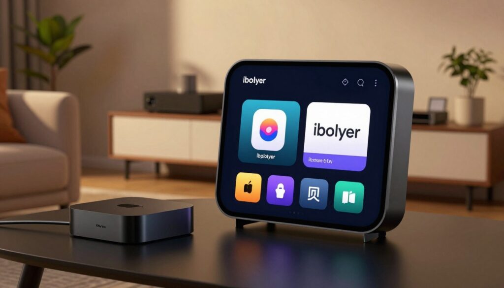 A sleek Apple TV box prominently displayed in the foreground, with the iboplayer app icon vividly rendered on the screen. In the middle ground, a stylish living room setting features a comfortable couch and a modern entertainment stand, creating a welcoming atmosphere. A warm, soft light illuminates the room, suggesting a cozy evening vibe, while soft shadows add depth and dimension. In the background, a shelf with various entertainment devices and a few decorative plants enhances the homey feel. The scene is captured from a slightly angled perspective, showcasing the Apple TV interface in action, emphasizing the installation process. The overall mood is inviting and tech-savvy, ideal for illustrating how to install iboplayer on Apple TV.