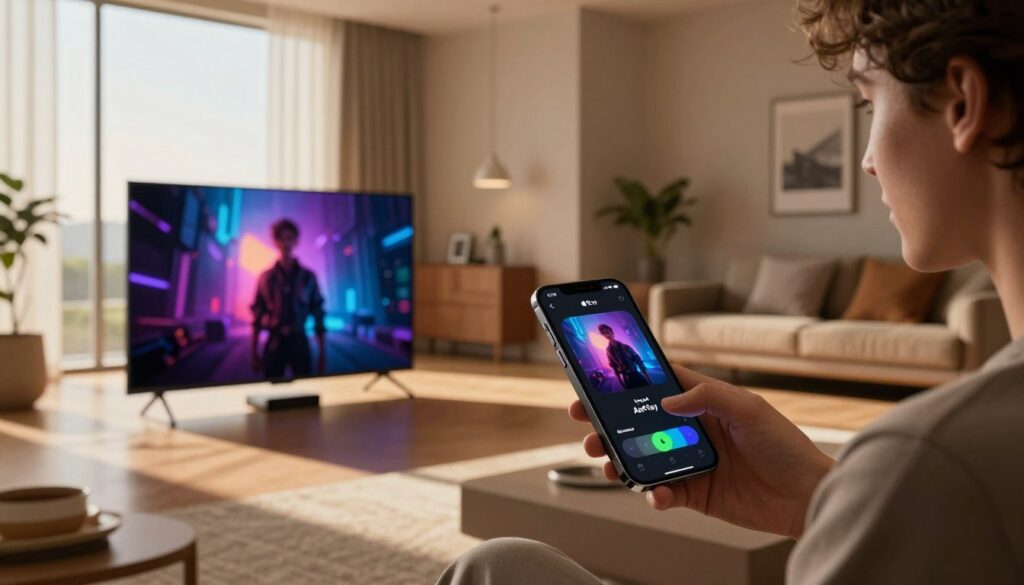 A sleek Apple TV prominently displayed in a modern living room, with light streaming through large windows, casting soft shadows. In the foreground, a user interacts with a smartphone showcasing the AirPlay interface, symbolizing seamless mirroring functionality. The middle ground features a large, flat-screen TV showing vibrant content mirroring from the phone, illustrating synced visuals. In the background, contemporary furniture and decorative elements create a cozy, tech-savvy atmosphere. The room is bathed in warm, inviting lighting that highlights the elegance of the devices. The angle is slightly elevated, providing a panoramic view of the scene, evoking a sense of modern lifestyle and connectivity.