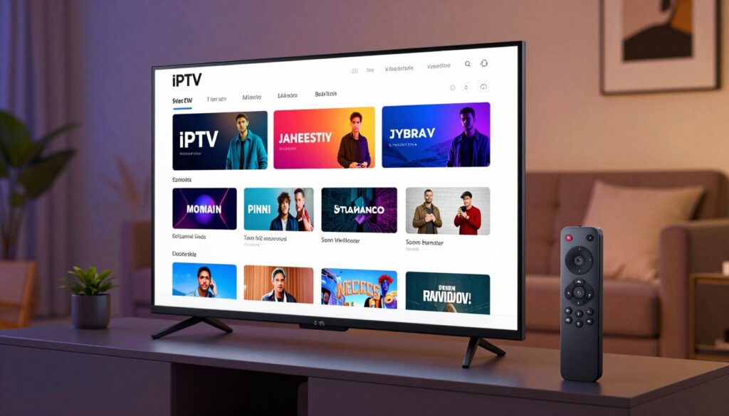 A sleek IPTV playlist configuration interface displayed on a modern Apple TV screen, set in a stylish living room. The foreground features a clean, user-friendly interface with colorful thumbnails representing different channels and categories. The middle ground includes a contemporary remote control placed beside the TV, highlighting its functionality. In the background, soft ambient lighting creates a cozy atmosphere, with a plush sofa and decorative elements like plants and artwork, conveying a relaxed yet tech-savvy environment. A slightly angled view captures the interface clearly, emphasizing its organized layout. The overall mood is inviting and user-friendly, ideal for illustrating the installation and configuration steps of IPTV.