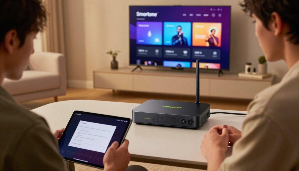 A sleek NVIDIA Shield streaming device prominently displayed on a modern living room table, with a Smartone app interface visible on the TV screen in the background. The foreground features a person in casual attire, engaged with a tablet, following installation steps, with a look of concentration. The middle ground showcases the TV with clear, vibrant graphics from the Smartone app, while the background includes a stylish, minimalist living room with comfortable furniture and soft, warm lighting that creates a cozy atmosphere. The image captures a step-by-step installation process, emphasizing ease and technology, with a slight depth of field to focus on the interactions between the user and the device.
