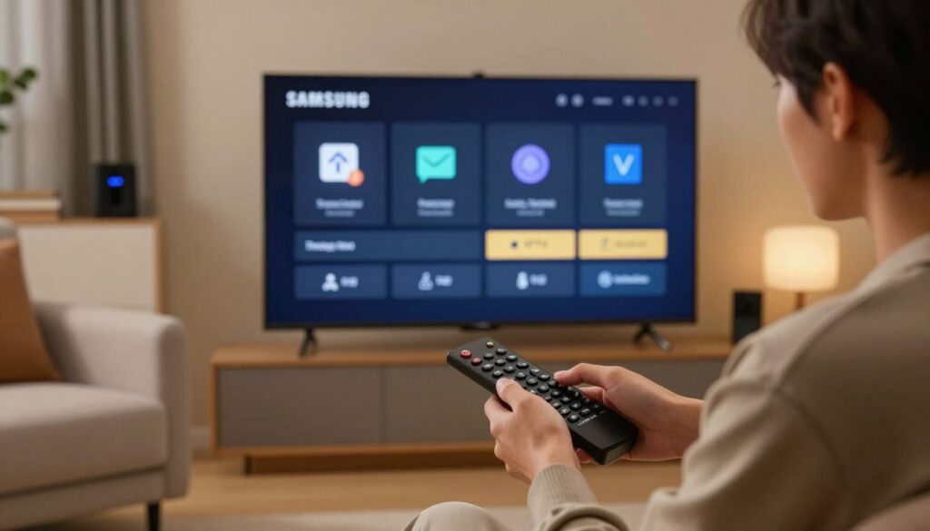 A sleek Samsung Smart TV displaying an IPTV troubleshooting interface on the screen, showcasing clear icons and options for problem-solving. In the foreground, a focused person in casual professional attire is using a remote control, with a look of concentration and determination. The middle ground features a well-lit modern living room, with a plush sofa and minimalist decor, creating a cozy yet tech-savvy atmosphere. Soft ambient lighting bathes the scene, highlighting the TV and the person in warm tones. The background is slightly blurred to emphasize the actions in the foreground, with subtle hints of tech gadgets and a bookshelf. The overall mood is one of clarity and purpose, reflecting a constructive approach to optimizing IPTV experiences on a Smart TV.