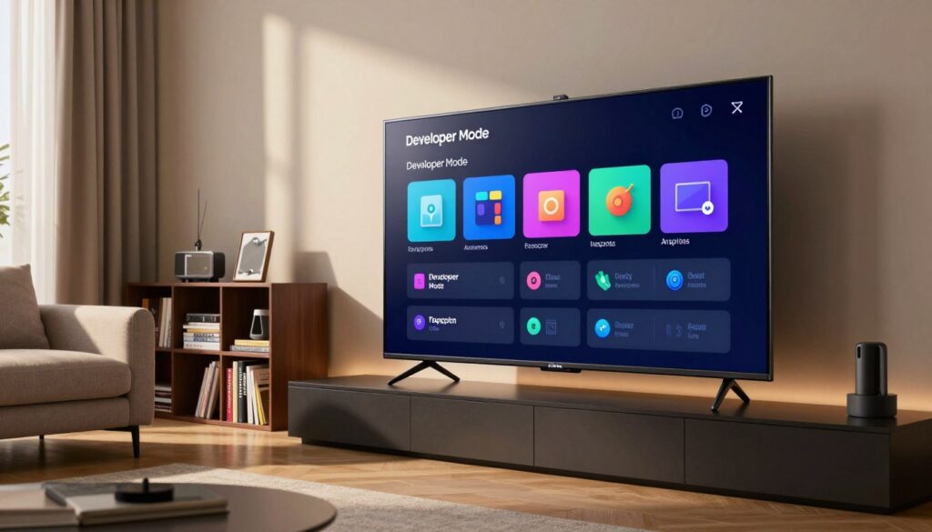 A sleek Samsung Smart TV displaying the Developer Mode interface prominently in the foreground, with vibrant icons and settings visible on the screen. The television is mounted on a modern, stylish wall with subtle ambient lighting that highlights its sleek design. In the middle ground, a well-furnished living room setup with a comfortable sofa and a small bookshelf filled with technology guides creates a warm, inviting atmosphere. Soft natural light filters in from a nearby window, casting gentle shadows that add depth to the scene. The camera angle is set at eye level, providing a direct view of the TV and its features, giving the impression of user engagement. The overall mood is tech-savvy and cozy, perfect for illustrating modern entertainment solutions.