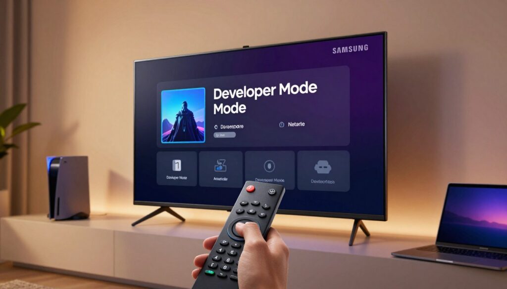 A sleek Samsung Smart TV displaying the Developer Mode interface prominently on its screen, set against a stylish modern living room backdrop. The TV should be mounted on a minimalist wall, with soft ambient lighting casting a warm glow throughout the room. The foreground features a close-up of a user’s hand interacting with the TV remote, highlighting the intuitive navigation of the Developer Mode. In the background, subtle hints of advanced tech peripherals like a gaming console and a laptop are visible, enhancing the tech-savvy atmosphere. Capture the scene with a slightly elevated angle to emphasize the interactive experience and create an inviting mood that suggests exploration and innovation in software installations on smart TVs.