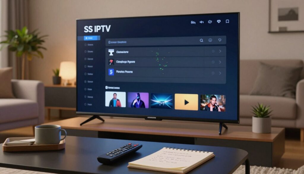 A sleek Samsung Smart TV displaying the SS IPTV interface on its screen, with a focused close-up view that highlights the playlist configuration settings. In the foreground, a modern living room with a stylish coffee table and contemporary decor, featuring a remote control and a notepad with notes on how to configure the app. The middle ground includes the TV, illuminated by soft ambient lighting that creates a comfortable atmosphere. In the background, a cozy couch and decorative plants add depth to the scene. The image captures a sense of ease and professionalism, showcasing the process of setting up the SS IPTV app in a clear, engaging way, with no text or logos visible.