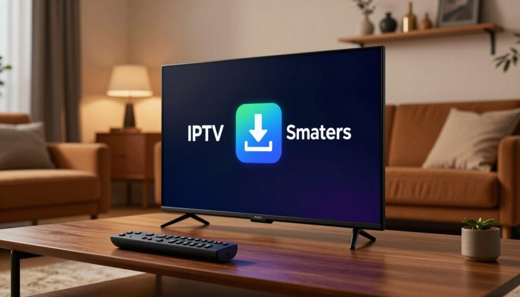 A sleek and modern Apple TV interface prominently displaying the IPTV Smarters app in the center of the screen, with an eye-catching download icon featuring a downward arrow. In the foreground, a stylish TV remote rests on a wooden coffee table, inviting users to explore the features. The middle ground showcases a vibrant living room setting with comfortable furniture and warm lighting, creating a cozy atmosphere. In the background, a stylish wall shelf is adorned with decorative items, adding a touch of sophistication. The scene is well-lit with soft, ambient lighting, emphasizing the connection betweentechnology and home entertainment. The angle captures a welcoming perspective of the living space, ideally suited for a tech-savvy audience eager to enhance their viewing experience.