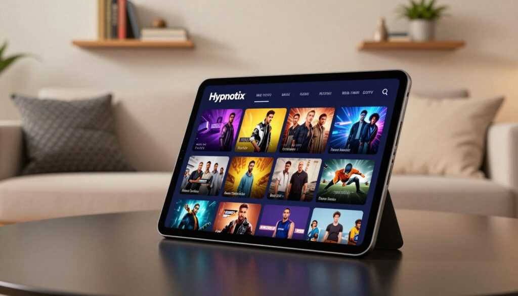 A sleek and modern IPTV app interface named "Hypnotix," displayed on a high-resolution tablet screen set against a minimalist living room backdrop. In the foreground, the tablet showcases vibrant thumbnails of available IPTV channels, each featuring sharp imagery of various content types such as movies and sports. The middle layer reveals a soft-focus view of a stylish sofa, adorned with decorative cushions, conveying a cozy atmosphere. The background includes a subtle wall-mounted shelf with a few decorative books and a plant, enhancing the homey vibe. Use warm, inviting lighting to create a relaxed ambiance, and employ a slightly angled perspective to emphasize the tablet's screen. The overall mood evokes a sense of modern entertainment at home, perfect for users exploring IPTV options.