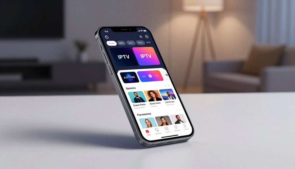 A sleek and modern IPTV interface displayed on a smartphone, specifically an iPhone, set against a clean, minimalistic digital workspace background. The foreground features the phone prominently angled, showcasing the optimized IPTV app with vibrant, user-friendly graphics and an intuitive menu. In the middle ground, soft, focused lighting highlights the device, while subtle reflections enhance its edge. The backdrop is a blurred modern living space, hinting at comfort and advanced technology, with ambient light creating a cozy and inviting atmosphere. The overall mood is professional yet relaxed, aiming to convey an optimal IPTV experience tailored for users seeking enjoyment and convenience in streaming.