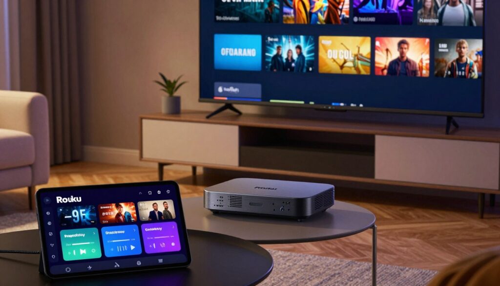 A sleek and modern home entertainment setup featuring a Roku device prominently displayed on a stylish TV stand. In the foreground, a digital interface shows various streaming quality optimization settings, like resolution and bitrate adjustments, depicted as vibrant, interactive menu options. The middle ground reveals a cozy living room atmosphere with ambient lighting, highlighting the warmth of a wooden floor and soft couch cushions. In the background, a large flat-screen TV showcases a high-definition streaming video, emphasizing the clarity and detail that optimization settings provide. The overall mood is tech-savvy and inviting, inspiring viewers to enhance their streaming experience. The scene is well-lit with a soft glow, suggesting a relaxed evening environment perfect for watching movies.