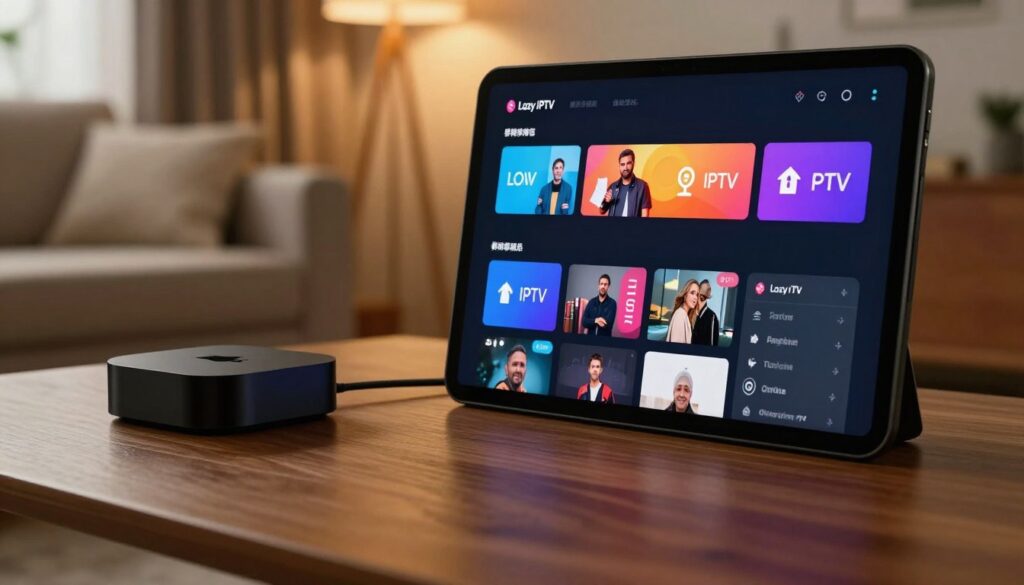A sleek and modern interface of a Lazy IPTV player, showcasing advanced settings and features. In the foreground, a close-up of a high-definition screen displays various IPTV options and configurations, with colorful icons representing channels, parental controls, and customization settings. In the middle ground, a stylish Apple TV remote is placed on a wooden table, hinting at the device being used. The background is softly blurred with a cozy living room ambiance, illuminated by warm, diffused lighting that creates a relaxed atmosphere. The overall mood is one of sophistication and technological comfort, emphasizing an enhanced viewing experience. The visual perspective is slightly tilted to capture both the screen and the remote, focusing on functionality and user engagement.