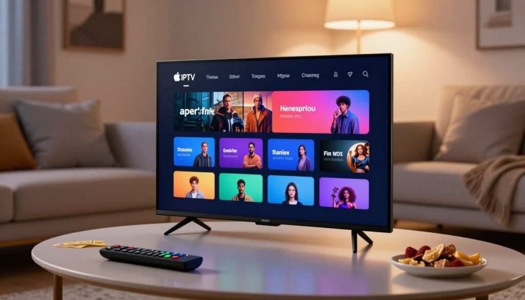 A sleek and modern living room featuring an Apple TV displaying an IPTV app's personalization options. The foreground showcases a clean coffee table with a remote and snacks, emphasizing a comfortable viewing experience. In the middle, the Apple TV screen shows vibrant icons representing various customization settings like channel selection, theme colors, and user preferences in a user-friendly layout. The background features a cozy sofa with pillows, soft lighting from a stylish lamp, and a subtle wall art piece that enhances the room's warm atmosphere. The overall mood is inviting and tech-savvy, emphasizing a seamless integration of IPTV into everyday life. The image should be well-lit, with a focus on clarity and detail, inviting viewers to explore personalized IPTV settings.