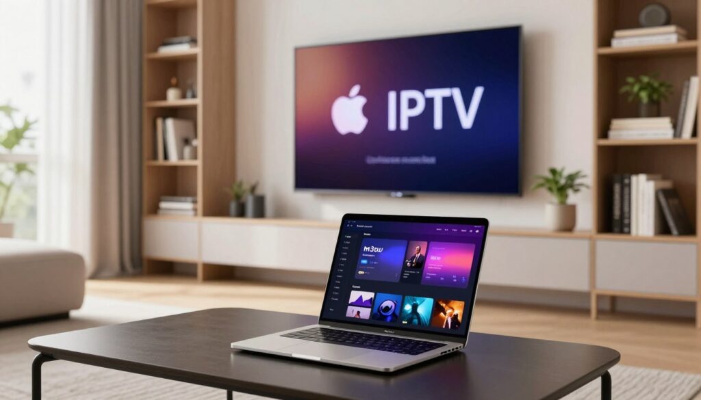 A sleek and modern living room showcasing a large Apple TV mounted on the wall. In the foreground, a stylish coffee table features an open laptop displaying a vibrant m3u playlist interface, emphasizing advanced settings. The setting is bright, illuminated by soft, natural lighting streaming through a window, creating an inviting atmosphere. In the background, a bookshelf is filled with tech books and a potted plant adds a touch of greenery. The composition is shot at an angle that focuses on the laptop and the TV, highlighting the connection between the devices. The scene exudes a professional yet cozy vibe, ideal for tech enthusiasts looking to enhance their viewing experience with advanced IPTV settings.