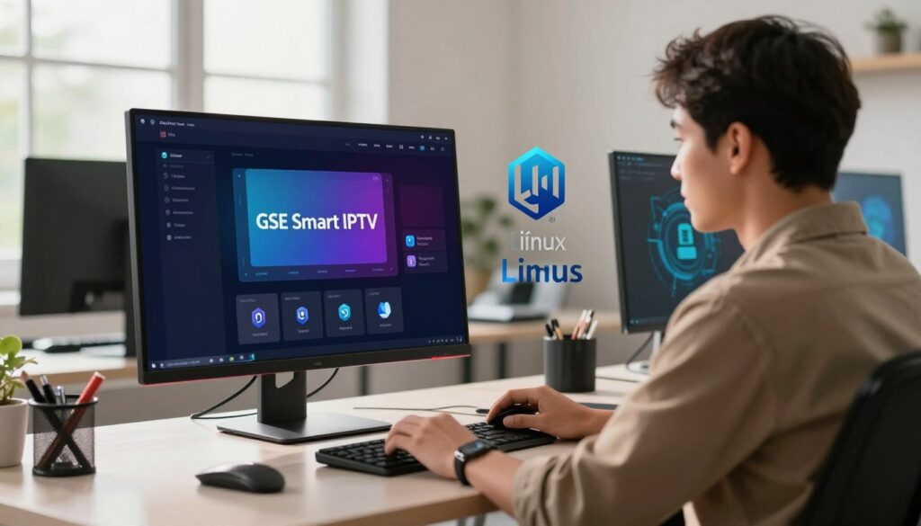 A sleek and modern workspace featuring a high-resolution computer screen displaying the GSE Smart IPTV interface on a Linux operating system. In the foreground, a focused professional in smart casual attire sits at the desk, expertly navigating the application. The middle ground showcases various Linux logos and visual elements representing its advantages, such as flexibility and customization. The background features a bright and airy room with natural light streaming in from a window, illuminating the space and creating a warm atmosphere. The scene is captured from a slight angle, giving depth, and utilizing soft focus on the background to emphasize the subject. The overall mood is productive and innovative, highlighting the benefits of using GSE Smart IPTV on Linux.