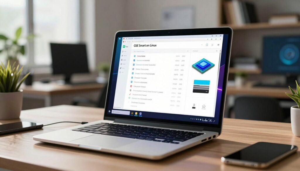 A sleek and modern workspace showcasing the system requirements for GSE Smart on Linux. In the foreground, a high-end laptop displays a vibrant, organized desktop with application icons related to Linux operations. The middle ground features a detailed checklist of system requirements, visually highlighted with graphics of processor, RAM, and storage specifications. In the background, a softly lit office environment with a plant and bookshelves creates a professional atmosphere. The image captures the essence of technology and preparation with natural light illuminating the workspace, casting gentle shadows. The angle is slightly tilted to emphasize depth, inviting the viewer into a productive tech-oriented setting that feels both focused and encouraging.