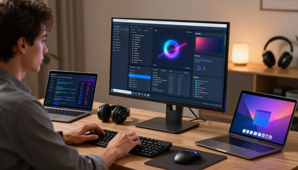A sleek computer desk setup featuring a high-resolution monitor displaying the 5KPlayer interface with an emphasis on settings optimization and hardware acceleration options. In the foreground, a professional business person, dressed in smart casual attire, is focused on tweaking the software settings. The middle ground features elegant tech accessories such as a laptop, a tablet, and sleek headphones, reflecting a contemporary workspace. In the background, soft, warm lighting enhances the room's atmosphere, with subtle shadows creating a sense of depth and focus on the monitor's vibrant screen. The overall mood is one of productivity and modern efficiency, perfect for a tech-focused environment.