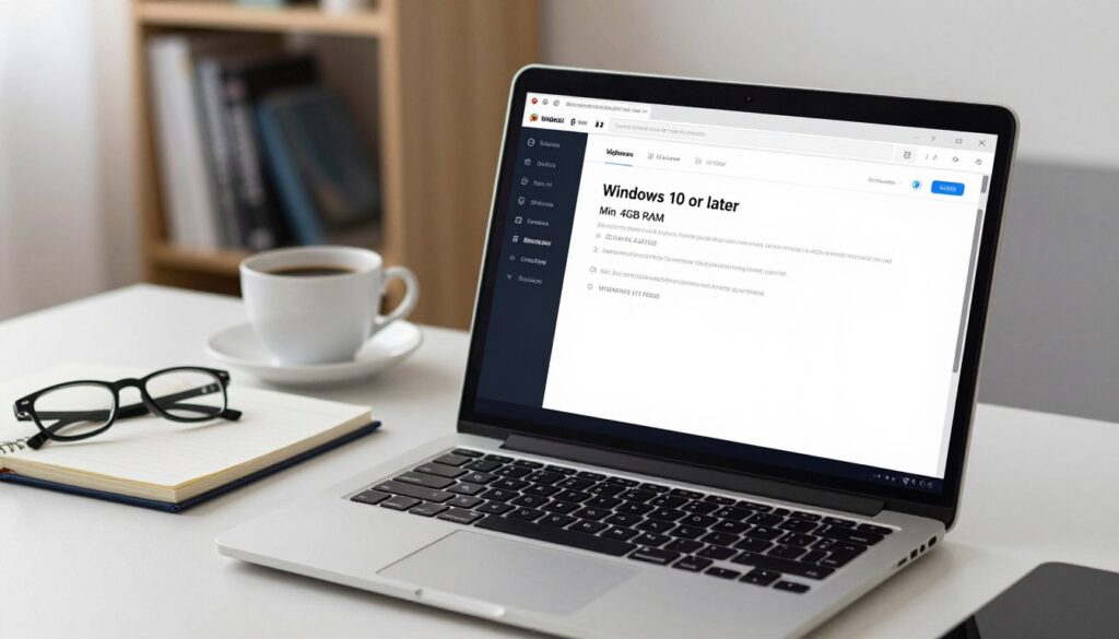 A sleek desktop workspace featuring a modern laptop displaying system requirements for software installation. In the foreground, a user-focused perspective shows a close-up of the laptop screen with technical specifications, such as "Windows 10 or later" and "Min 4GB RAM", clearly visible. The middle ground displays a tidy workspace with a notebook, a cup of coffee, and a pair of glasses, creating a practical yet inviting atmosphere. The background features soft lighting, enhancing the focus on the laptop, complemented by a blurred bookshelf filled with tech guides and manuals. The overall mood is professional and informative, aiming to convey readiness and clarity for software installation instruction. The image should be well-lit, emphasizing clarity and detail without any text or distractions.