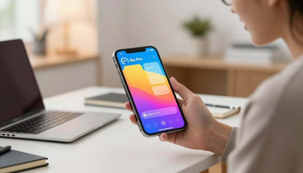 A sleek iPhone and iPad displaying the ibo Pro app on the App Store, prominently featuring a colorful and engaging app interface. In the foreground, a confident young professional, dressed in smart casual attire, eagerly interacts with the devices. The middle ground showcases a clean, modern workspace with subtle hints of technology, such as a laptop and notebook. The background features soft-focus elements like a cozy office setting with a warm ambiance, emphasizing productivity and focus. The lighting is bright and inviting, accentuating the app's vibrant colors and making the scene feel approachable and user-friendly. The overall mood is one of excitement and ease, reflecting a seamless installation process for users.