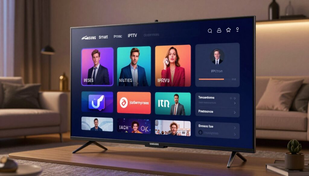 A sleek, modern IPTV application interface displayed on a high-resolution Samsung Smart TV. The foreground features a user in professional business attire, navigating through vivid personalization options on the screen, showcasing colorful icons representing channels, themes, and layout settings. In the middle, close-up details of the app interface highlight custom options like profile settings and viewing preferences, illuminated by soft, ambient lighting to create a cozy atmosphere. The background features a stylish living room with contemporary decor, including a comfortable sofa and decorative elements, enhancing the warm, inviting feel. The entire scene captures the concept of convenience and customization in the IPTV experience.