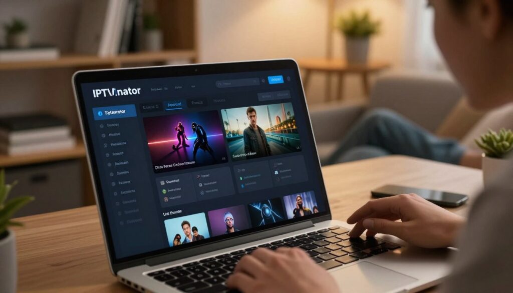 A sleek, modern IPTVnator interface displayed on a high-resolution laptop screen. The foreground features the interface with distinct sections for channel listings, settings, and a live streaming preview, well-organized in a dark-themed layout that enhances visibility. In the middle ground, a person sits casually in a cozy, well-lit workspace, attentively reviewing the interface. The background includes a stylish bookshelf filled with tech books and some decorative plants, creating an inviting atmosphere. Soft, warm lighting casts gentle reflections on the laptop screen, capturing the user's engagement with the application. The angle of the shot is slightly from above, emphasizing the functionality and ease of use of IPTVnator while maintaining a focused and professional mood.