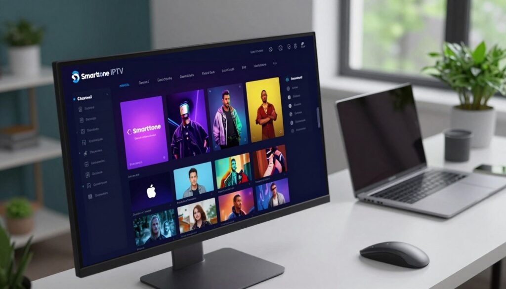 A sleek, modern Smartone IPTV interface displayed on a Linux desktop environment. Foreground: a close-up view of a high-resolution monitor showcasing the Smartone interface with vibrant colors and an intuitive layout, highlighting features like a channel guide and settings menu. Middle ground: a stylish, minimalist workspace featuring a professional laptop and Linux-inspired decorations. Background: a softly lit room with a hint of greenery visible through a window, creating a calm atmosphere. Soft, diffused lighting emphasizes the technology without harsh reflections. Angle: a slightly elevated perspective that captures both the monitor and the workspace, evoking a sense of focus and productivity in optimizing user experience with Smartone on Linux.