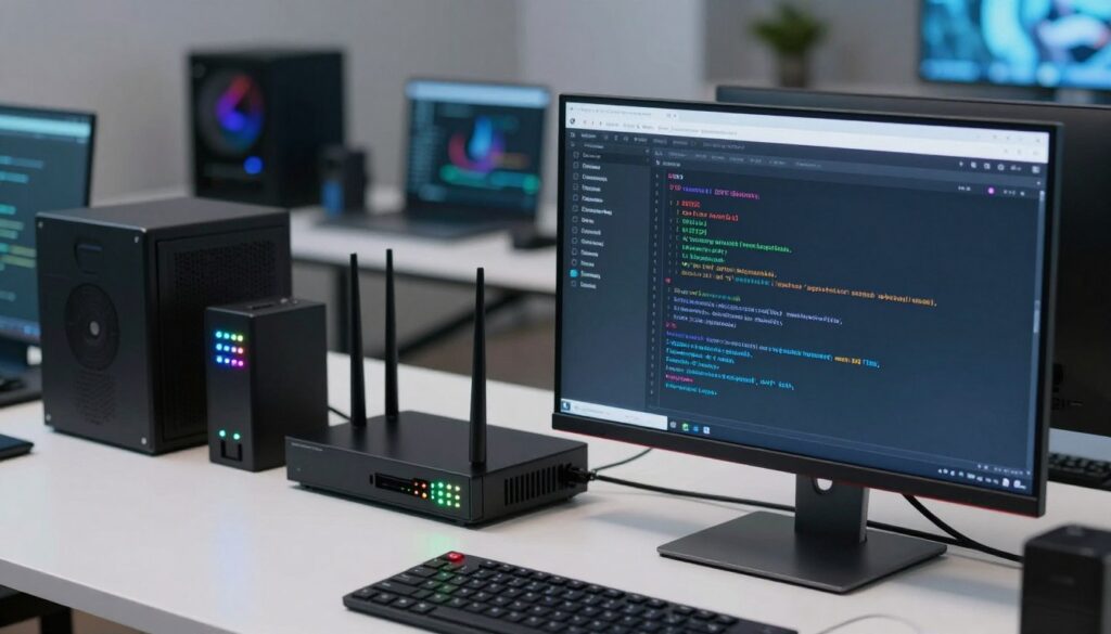 A sleek, modern desktop setup showcasing advanced Linux configurations for IPTV streaming. In the foreground, a well-organized workstation with a high-resolution monitor displaying the Linux terminal and configuration files related to EPG settings, illuminated by soft, focused lighting to enhance visibility. The middle ground features an elaborate setup of network devices, including a router, with blinking status lights, indicating active connections. The background is a subtly blurred room filled with technology gadgets, creating an atmosphere of a tech-savvy environment. The overall mood is professional and innovative, highlighting the complex yet rewarding nature of configuring IPTV on Linux. The image should have a bright, clear focus with a slight depth of field effect, emphasizing the configuration interface on the screen.