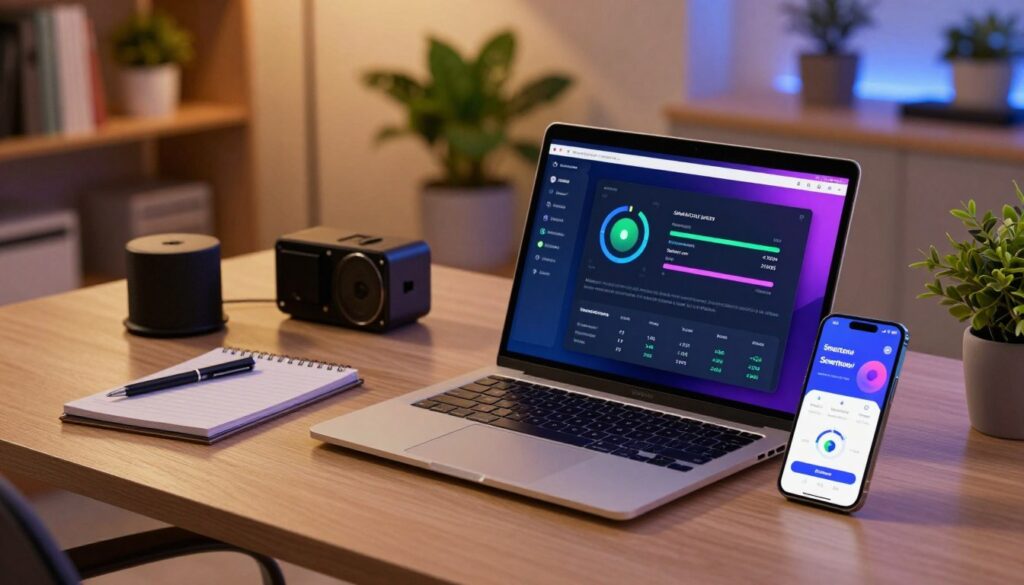 A sleek, modern home office setup featuring a laptop displaying an internet connection test interface specifically for Smartone IPTV. The foreground includes the laptop with a clear, colorful screen, showing connection speed and stability metrics. Beside it, a smartphone is also displaying the Smartone app for comparison. In the middle ground, there is a cozy desk with neatly organized tech gadgets and a notepad with a pen. The background reveals a stylish, softly lit room with a bookshelf and green plants, creating a calm, tech-savvy atmosphere. The overall lighting is warm and inviting, enhancing focus and efficiency, captured from a slightly elevated angle for depth and clarity.