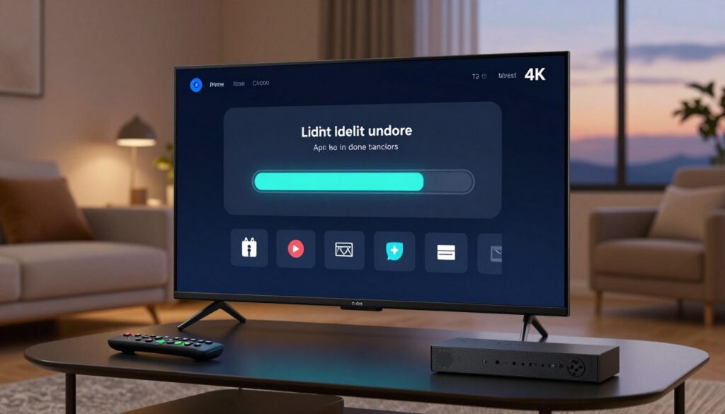 A sleek, modern interface of a sideloading procedure downloader app displayed on a 4K smart TV screen. In the foreground, an animated progress bar fills as an app is being downloaded, surrounded by visually engaging icons representing various media sources. The middle ground features a remote control and a Firestick device placed on a stylish coffee table, emphasizing the home entertainment setup. In the background, a cozy living room ambiance with soft, warm lighting creates a welcoming atmosphere. A window shows a twilight sky, enhancing the mood of relaxation and ease. Focus on clarity and sleek design, capturing the essence of a user-friendly app experience in a professional and inviting setting.