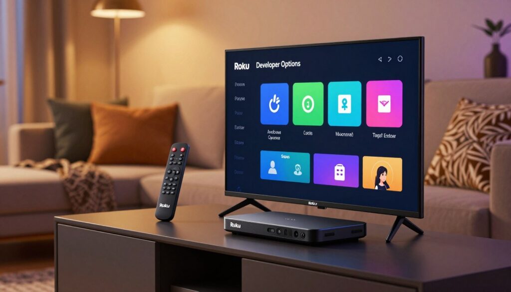 A sleek, modern living room setting with a focus on a Roku device prominently displayed on a stylish media console. In the foreground, a close-up view of the television screen shows the "Developer Options" interface of the Roku, featuring vivid icons and a clear menu layout. The middle ground includes the Roku remote control beside the device, hinting at interactive control. The background features a cozy sofa with decorative cushions and ambient lighting that creates a warm atmosphere. The lighting is soft and inviting, enhancing the homey feel, while the angle is slightly low, giving emphasis to the screen and the Roku device. The overall mood is tech-friendly and approachable, ideal for illustrating the installation process of IPTV Extreme on Roku.