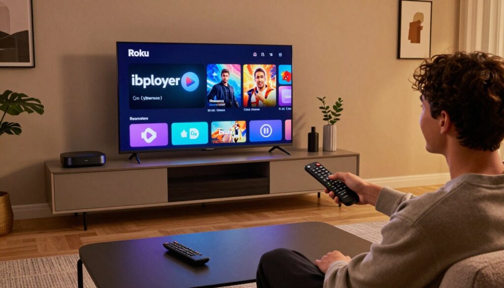 A sleek modern living room with a focus on a Roku television displaying the iboplayer interface. In the foreground, a remote control rests on a stylish coffee table, with a cozy couch in the background. Soft warm lighting illuminates the room, casting a comfortable atmosphere. In the middle ground, a well-organized entertainment center holds a Roku device alongside other media gadgets. The background features a tasteful blend of decorative elements like plants and artwork. The angle is slightly from above, giving a view of the screen as a person, dressed in smart casual attire, enthusiastically interacts with the remote, looking pleased with the setup. The overall mood conveys a sense of ease and excitement in streaming content.